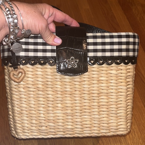 Brighton cross/ shoulder bag black & white gingham print w/ rattan & leather - Picture 2 of 10